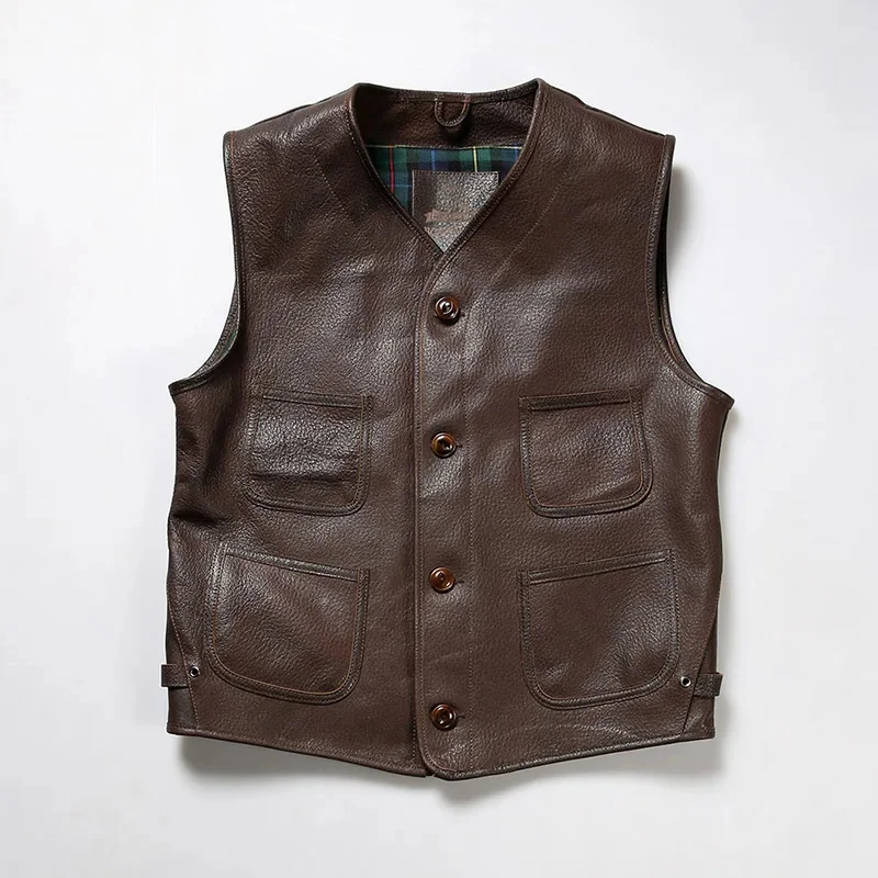 

Summer new simple casual leather biker vest men women lychee texture cow horn buckle brown retro cowhide undershirt waistcoat