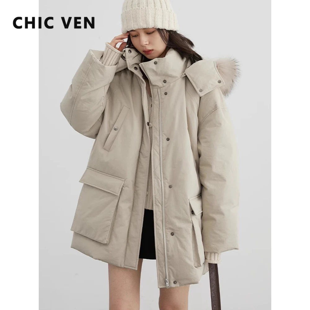 CHIC VEN Women Down Coats Solid Outdoor Loose Casual Down Jacket Thickened Parka Jackets Female Overcoat Autumn Winter, down jacket