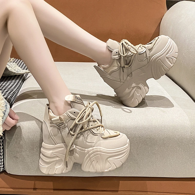 Women Walking Sneakers Autumn Lace-up High Platform Chunky Shoes