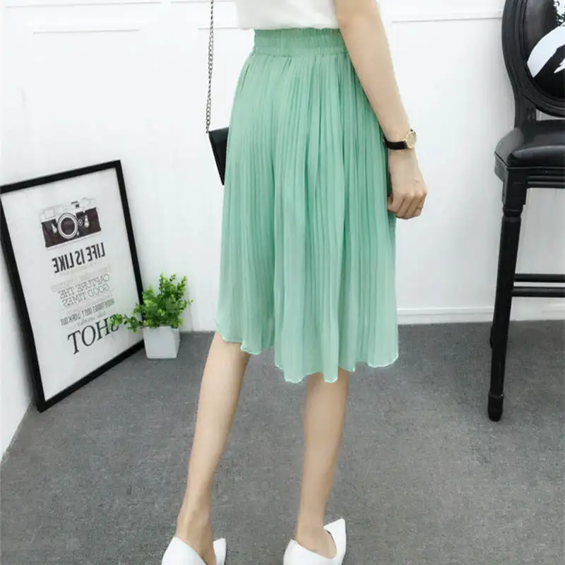 Chiffon Wide Leg Short Femme Trousers Women Loose Lace Up High Waist Knee Length Midi Pleated Summer Shorts Women Capris C7258