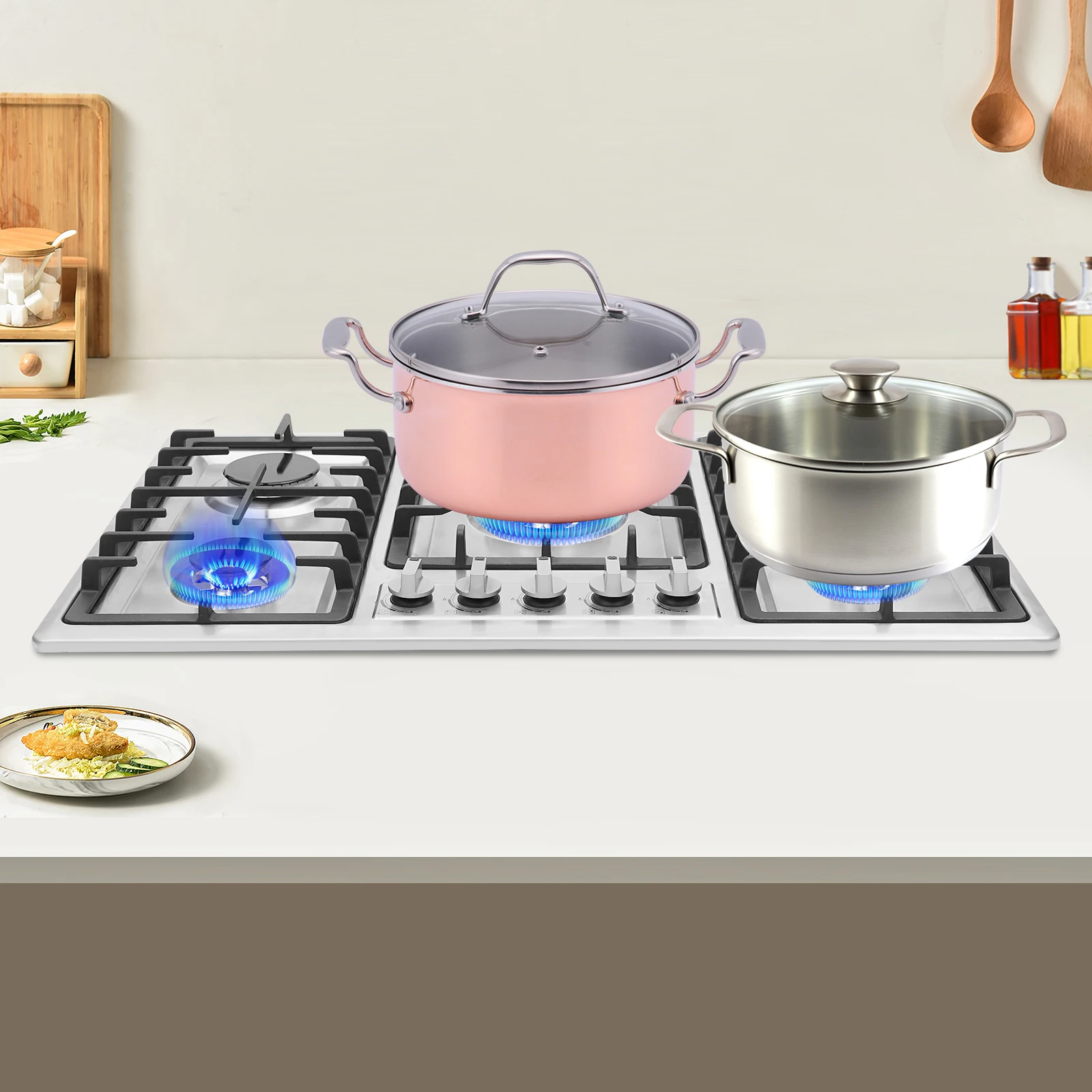 5-Burner Gas Cooktop Scratch Resistance Stainless Steel Gas Stove Simple Control for Home Kitchens/Restaurants/Hotels 3