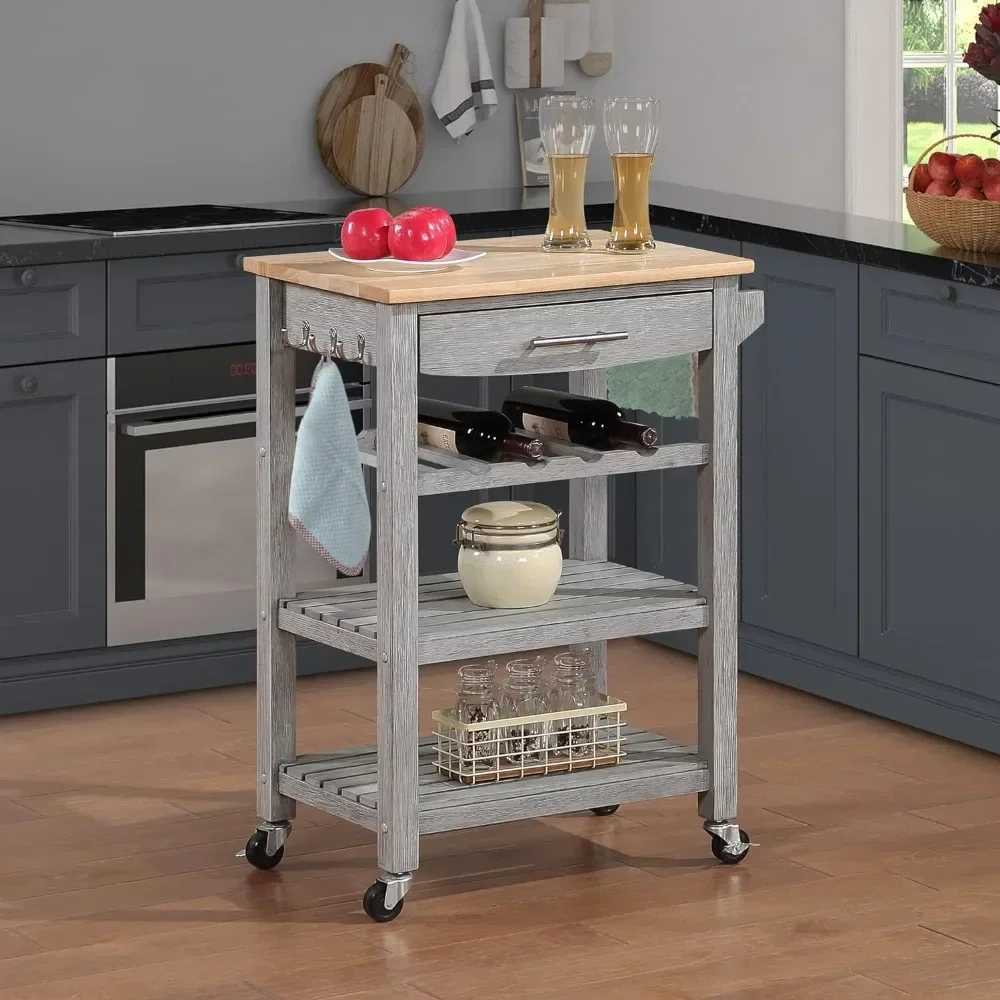 4 Tier Butcher Block Kitchen Cart with Drawer and Wine Rack