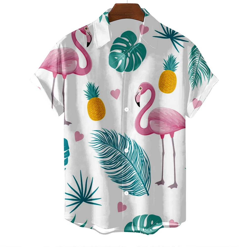 

Summer Men's Hawaiian Short Sleeve Shirt Flamingo Printed Shirt For Men Fashion Social Casual Luxury Clothes Oversized Blouse