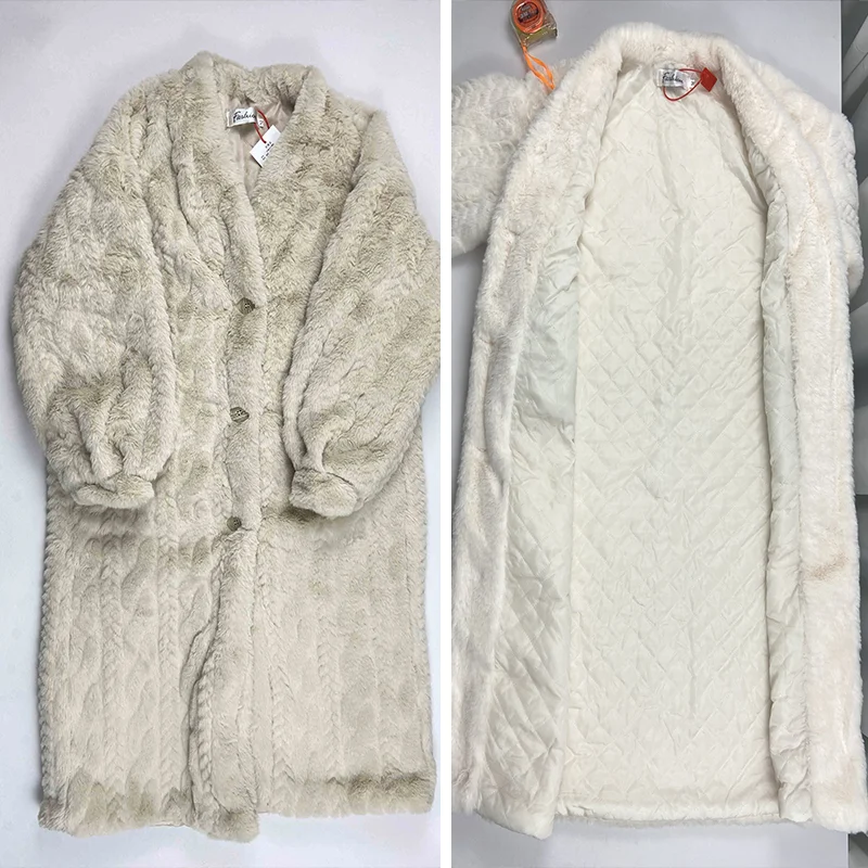 Korean Fashion Long Faux Fur Coats Women Fall Winter Warm V-Neck Rabbit Plush Chaquetaes 2024 New Loose Elegant Thick Outerwear