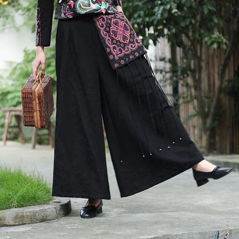 

National Style Harajuku Vintage Trousers Casual Clothing Black Cotton Linen Embroidered Women Wide Leg Pants Tassel Patchwork