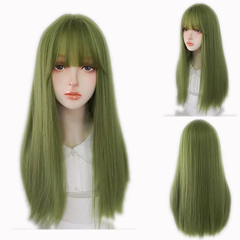 Green Wigs Female Long Hair Natural Full Head Cover Long Straight Hair Dummy Hair Wig Set Lolita cosplay daily use