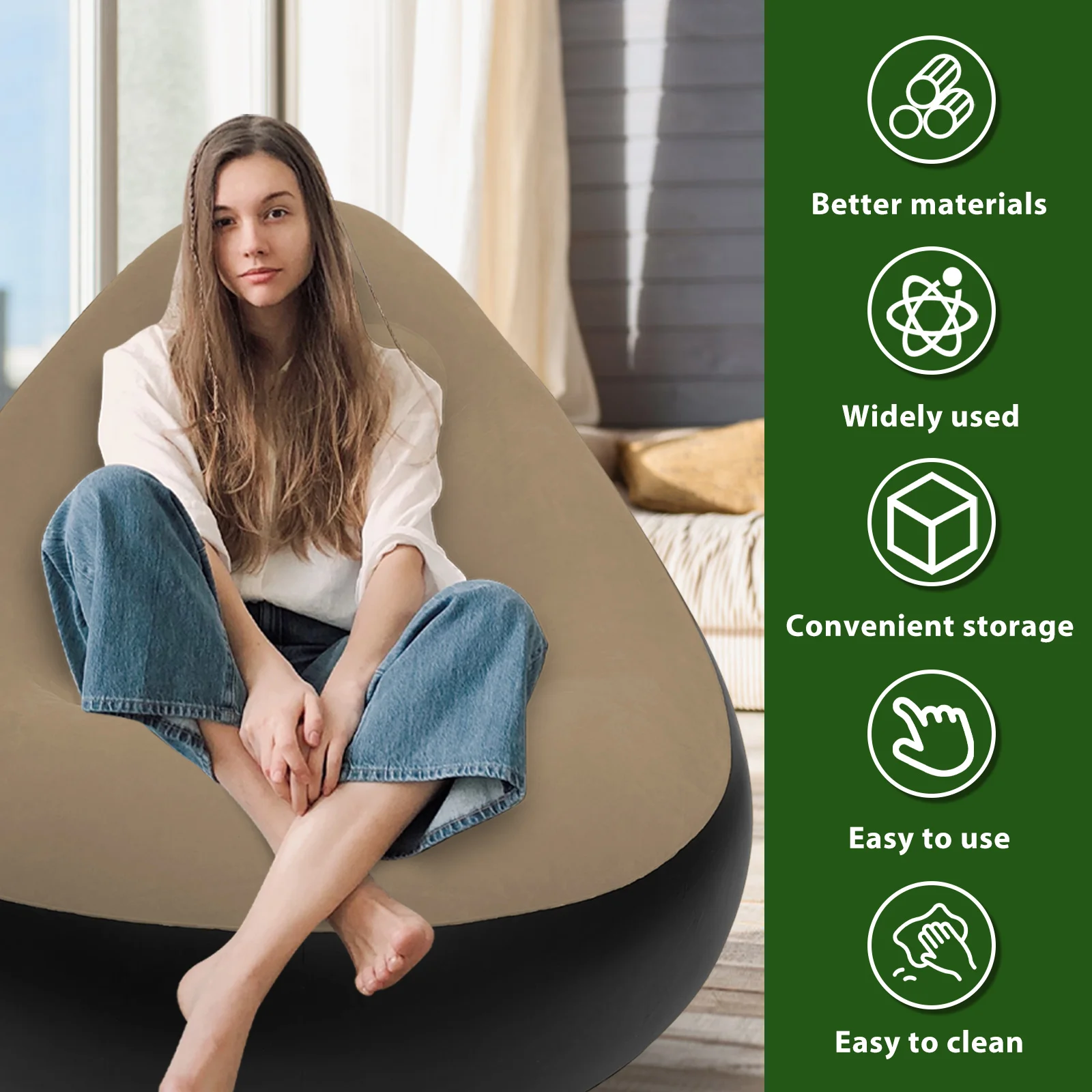 Inflatable Chair with Ottoman Leisure Bean Bag Lazy Sofa Set Portable Flocked Surface Air Sofa Comfortable Outdoor Blow Up Couch