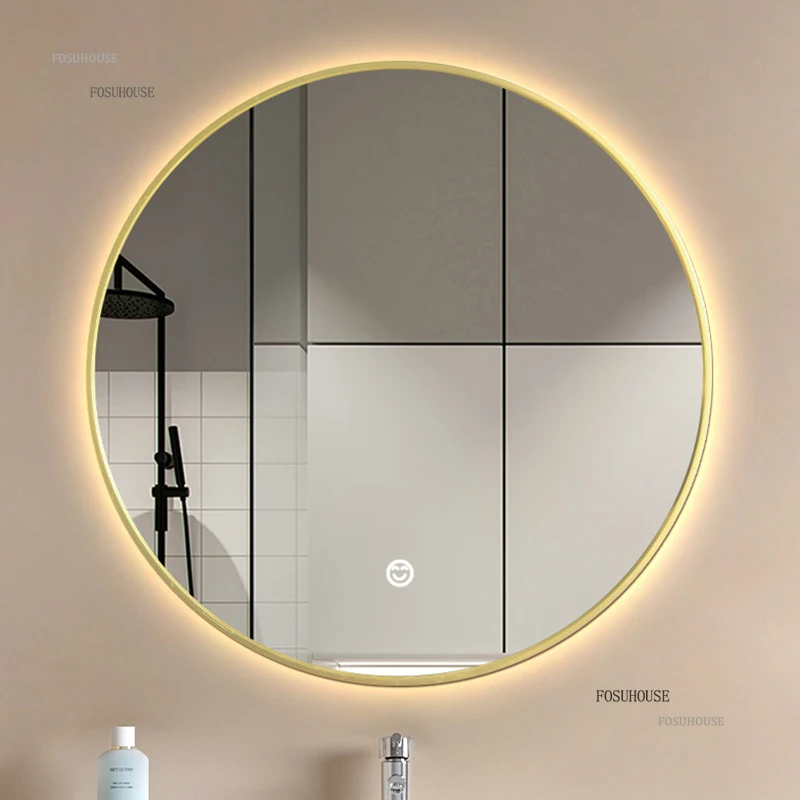 กระจกห้องน้ำทรงกลมแบบเรียบง่ายสำหรับใช้ในบ้าน พร้อมกรอบติดผนังแบบไม่ต้องเจาะรู พร้อมไฟ LED 1