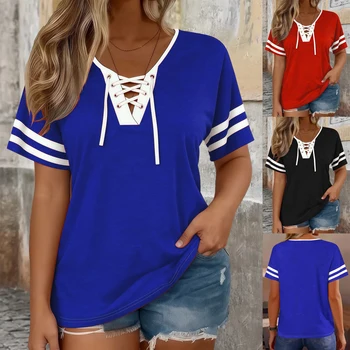 Women's Plus Size V-Neck T-Shirt with Cross Back, Striped Color Block Print, Loose Fit, Machine Washable for Spring Summer 1