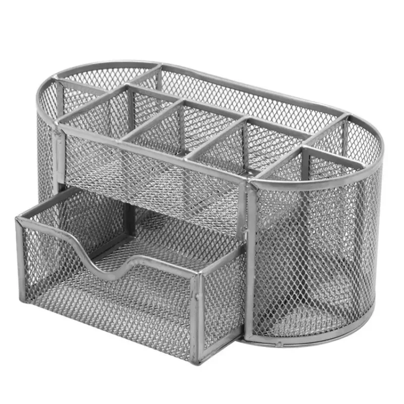 Pencil Holder 9 Compartments Pen Case Desktop Metal Mesh Stationery Storage Box With Drawer Teacher Supplies Organizer, pen holder, stationery storage box