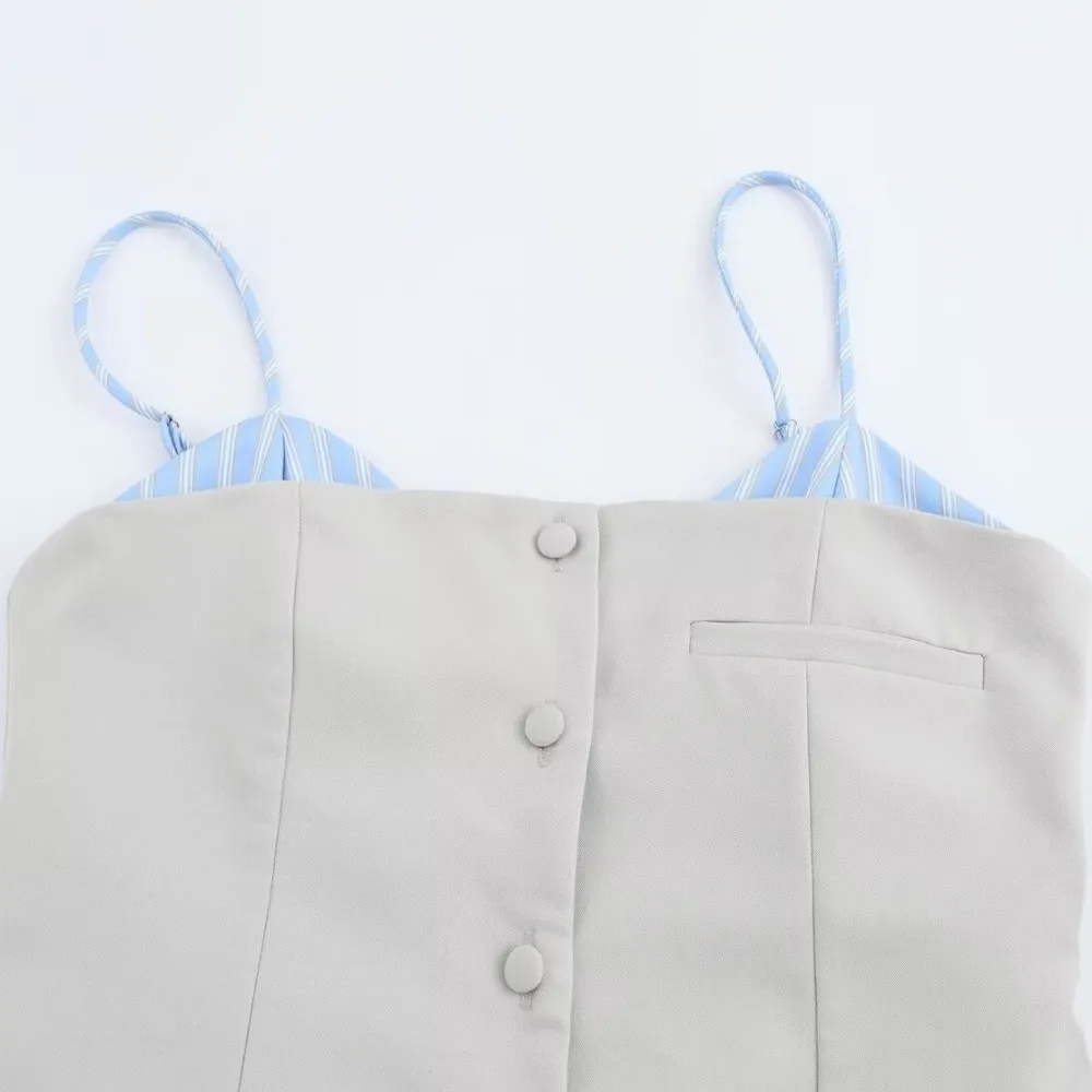 Striped Sleeveless Dress Patchwork Wide Pleated Blue Color Suspenders Short Skirt Casual Loose College Style Pleated Skirt