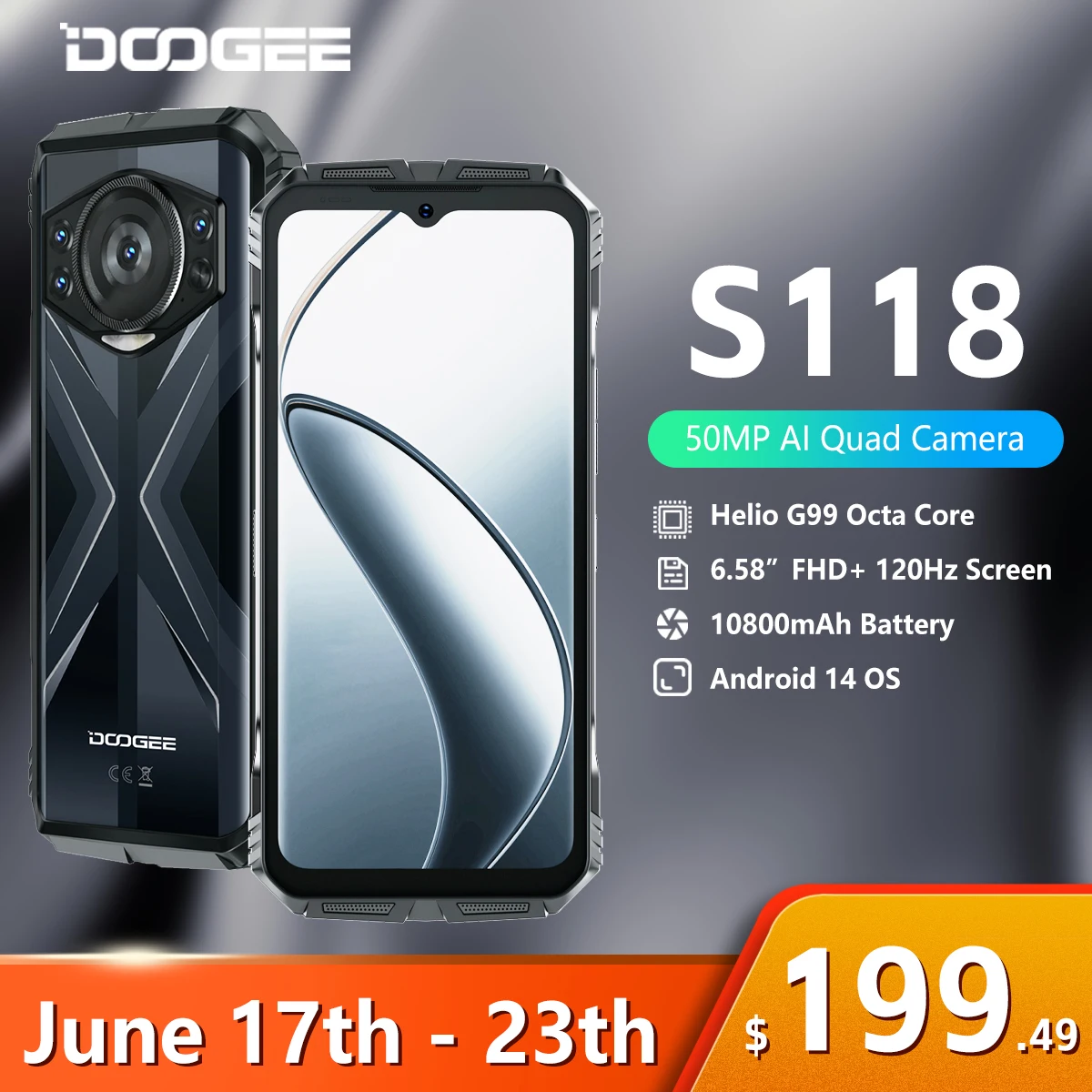 DOOGEE S118 견고한 스마트폰, 20GB(8 + 12GB 확장), 6.58 인치 FHD + 화면, Helio G99, 10800mAh, 50MP AI 카메라 NFC, 월드 프리미어