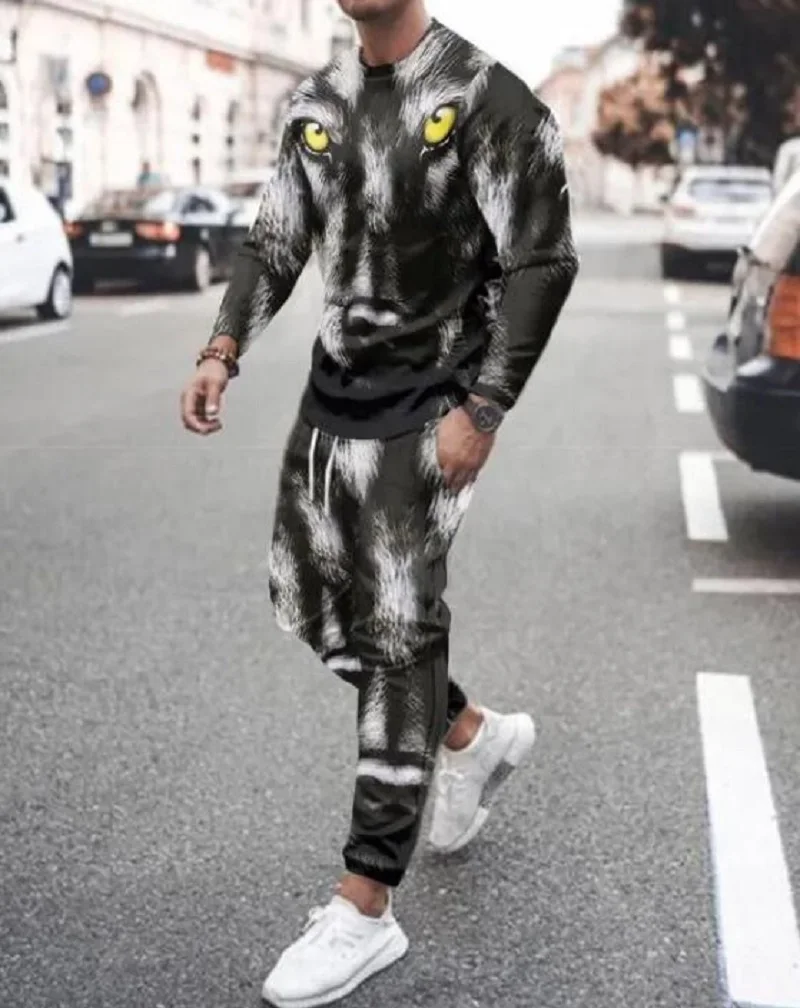 Men's Tracskuit 2-piece K King Letter 3D Printed Oversized Casual Suit Fashion Streetwear Long Sleeve T-Shirt Trousers Outfits