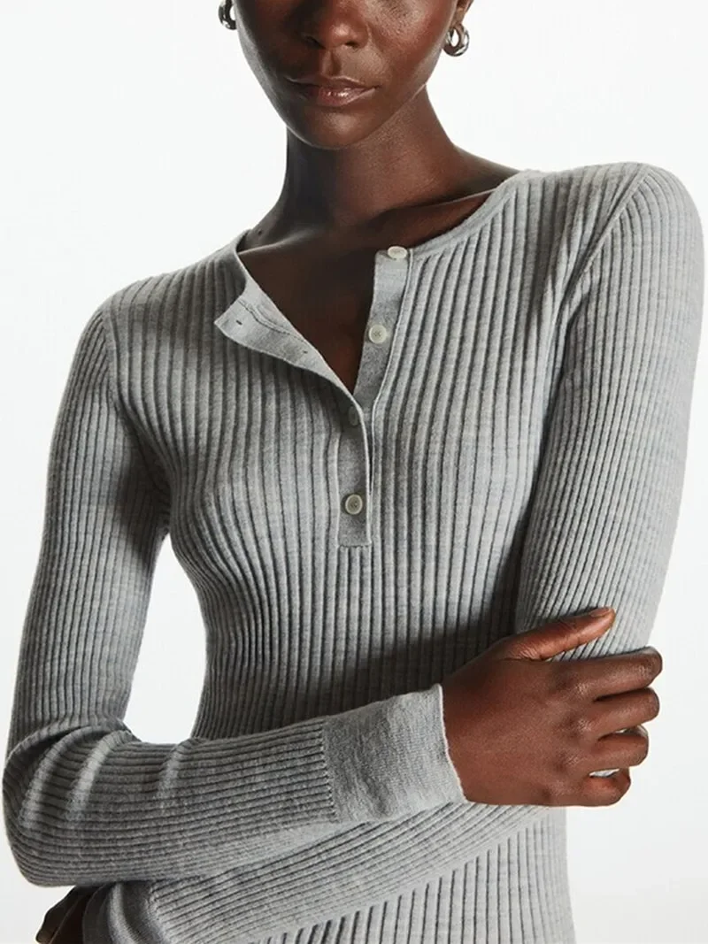 

Women's Knit Sweater 2023 Autumn Half Open Round-Neck Long Sleeve Pullover Tops