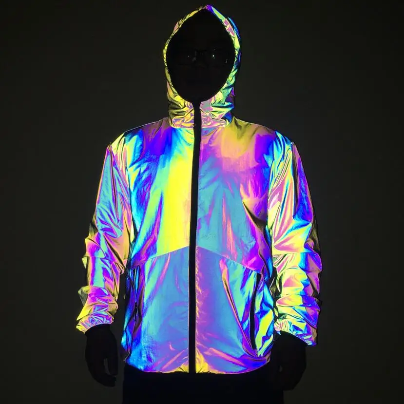 Rainbow Reflective Jacket Men Cycling Windbreaker Hoodie Nightclub DJ Luminous Rave Outfit Holographic Zipper Coat Techwear