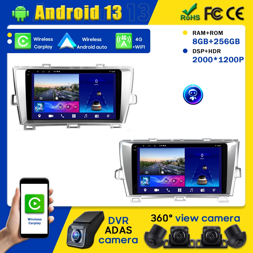 

Автомагнитола с DVD, Android для Toyota Prius XW30 2009-2015, автомобильный LHD RHD плеер, головное устройство, мультимедиа, BT GPS, DVD, Carplay, навигация 2K