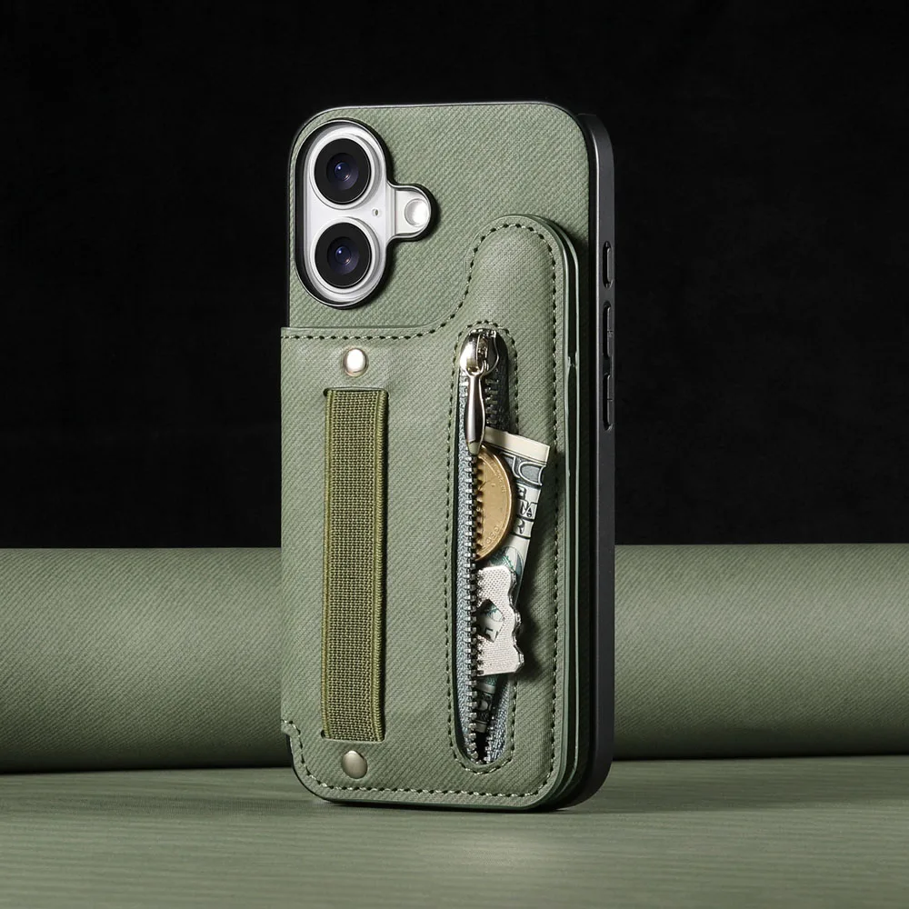 Zipper Cards Slot Leather Wallet Case with Elastic Wrist Strap