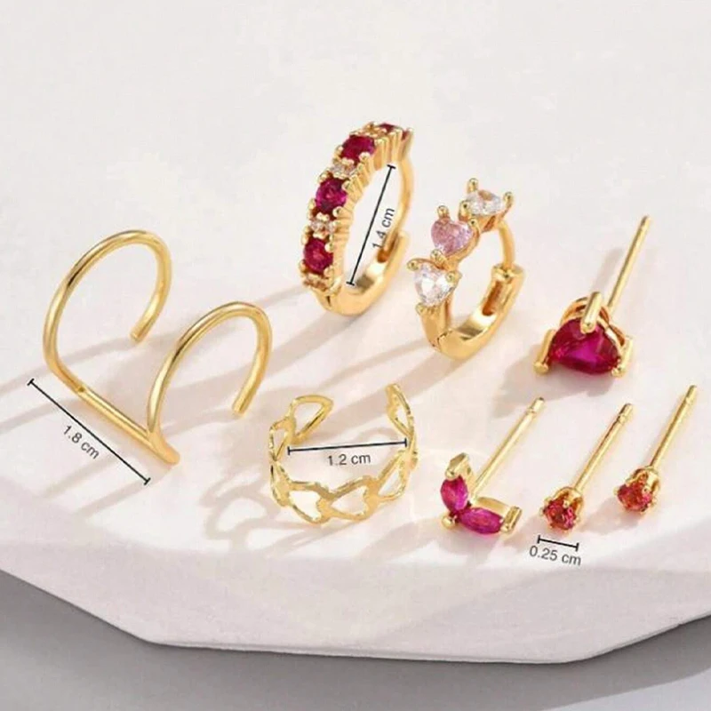 Gold Color Simple Heart Zircon Ear Cuff Clip on Earring for Women No Pierced C Shape Pink Crystal Earcuff Ear Wrap Clips Jewelry