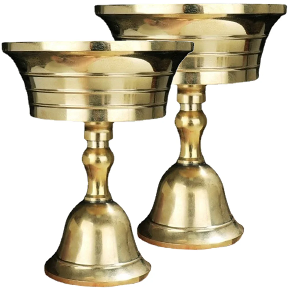 

2 Pcs Temple Supplies Brass Ghee Lamp Holder Taper Tibetan Stand Tealight