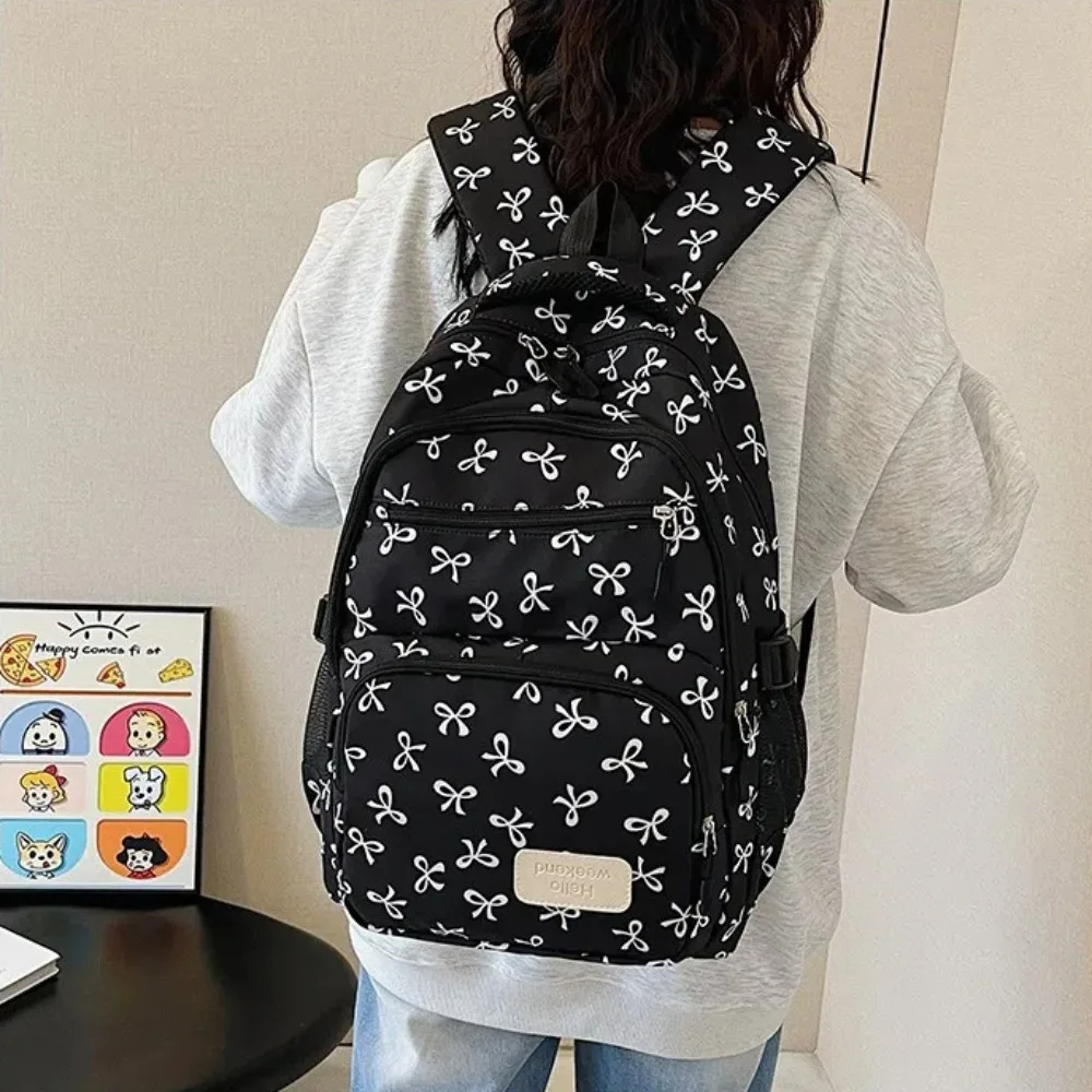 3 Pcs/Set Cute Large Capacity Bow Backpack Nylon Adjustable Strap Student Backpack Bow Print School Bag