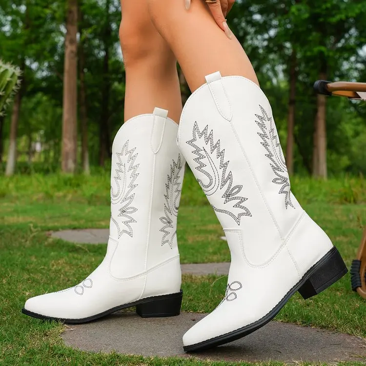 Women Fashion Slip on Knight Boots Ladies Autumn Winter Thick Sole Knight Boots Pointed Toe Square Heel Embroidered Cowboy Boots