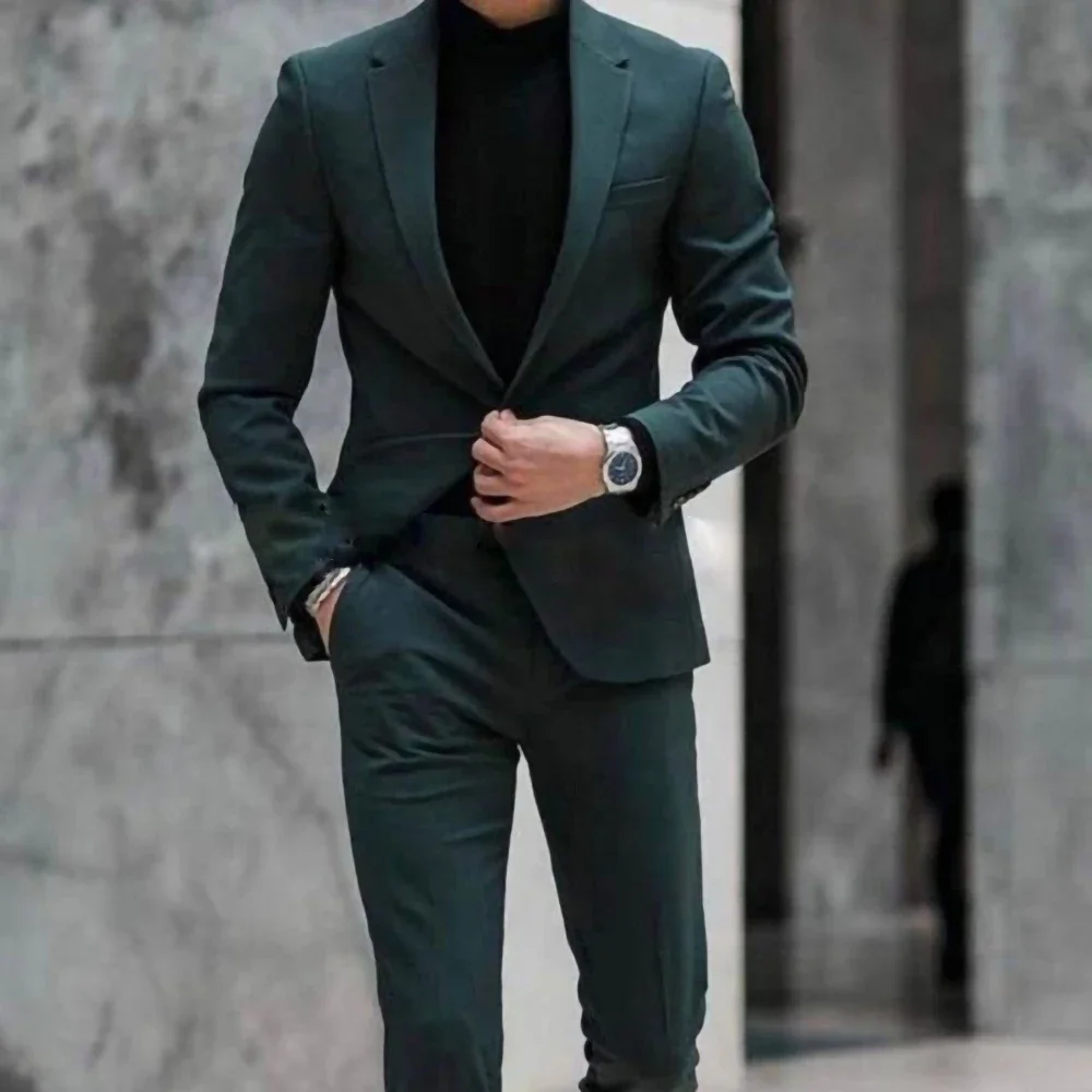 Chic Solid Men Suits 2 Piece Formal Notch Lapel Single Button Outfits Smart Casual Office Wedding Tuxedo (Blazer+Trousers) 2