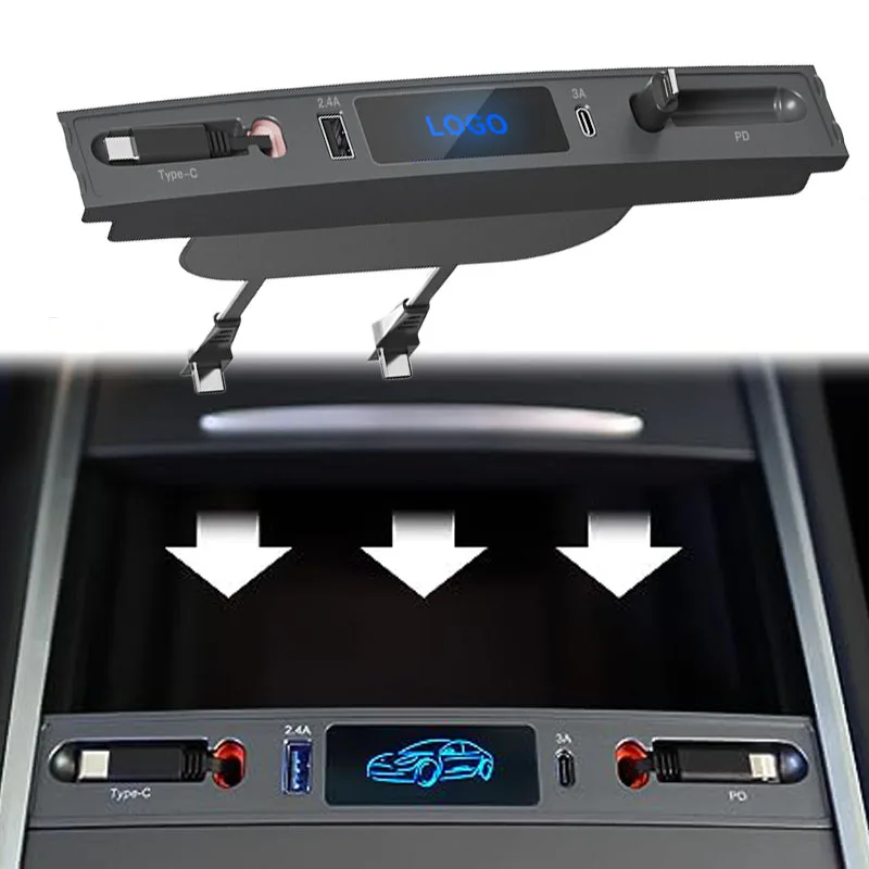 

Tesla USB Hub Fit Center Console Adapter Car USB Charger Multi Port for 2021 2022 2023 Tesla Model 3/Y with Retractable Cable
