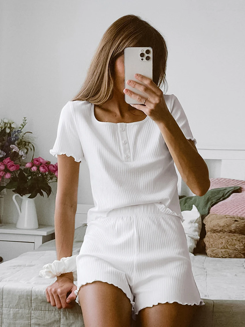 Marthaqiqi White Women'S Nightgowns 2 Piece Suit Square Collar Sleepwear Short Sleeve Nightwear Shorts Casual Ladies Pajamas Set
