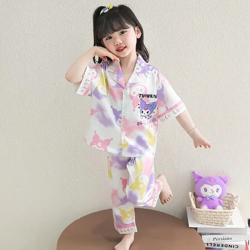 2피스 애니메이션 쿠로미 키즈 여름 아이스 실크 파자마 마이멜로디 여아 홈웨어 세트 반팔 바지 파자마 투피스 세트 선물
