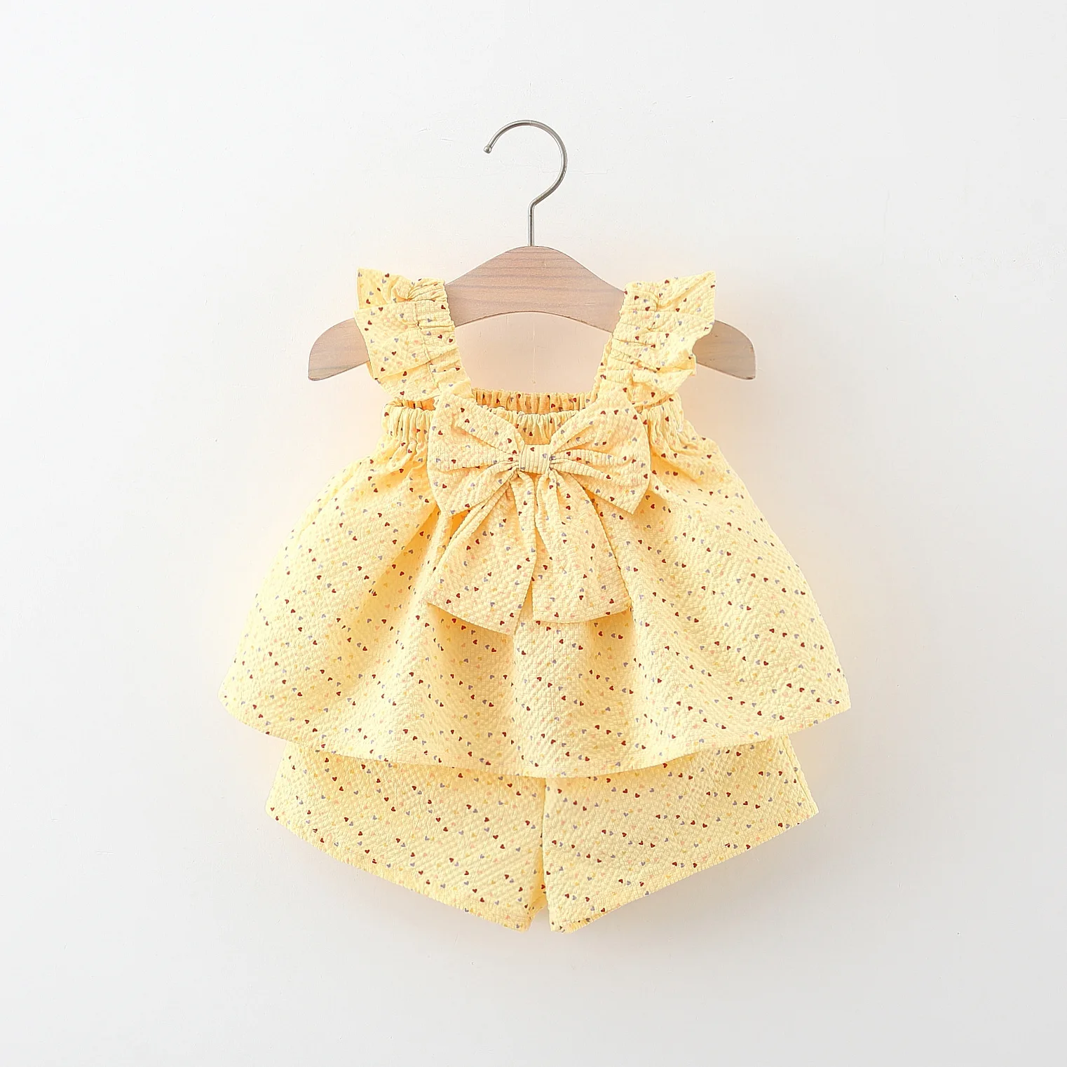 2-teiliges Baby-Set, Sommer-Set aus Baumwolle mit Schleifenoberteil und Shorts, Babykleidung, bezauberndes Strand-Set für Mädchen mit Herz-Print – Detail 3