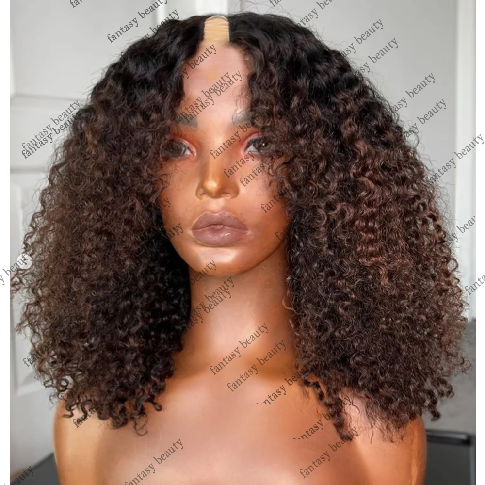 Kinky Curly Ombre Caramel Brown U Part Parrucche Radici Nere Remy Virgin Hair Natural V Part Parrucca Con Clip Per Donne Nere Densità 200