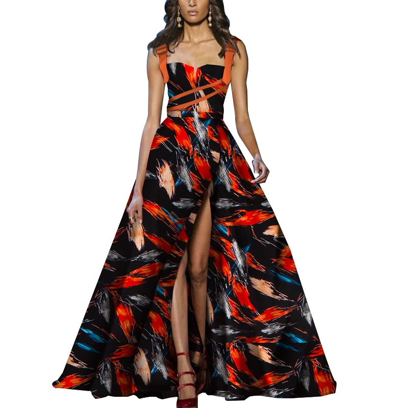 African Dresses Women Print Dashiki Adjusting Buckle Long Split Dress Bazin Riche Sleeveless Ankara Dresses WY5965