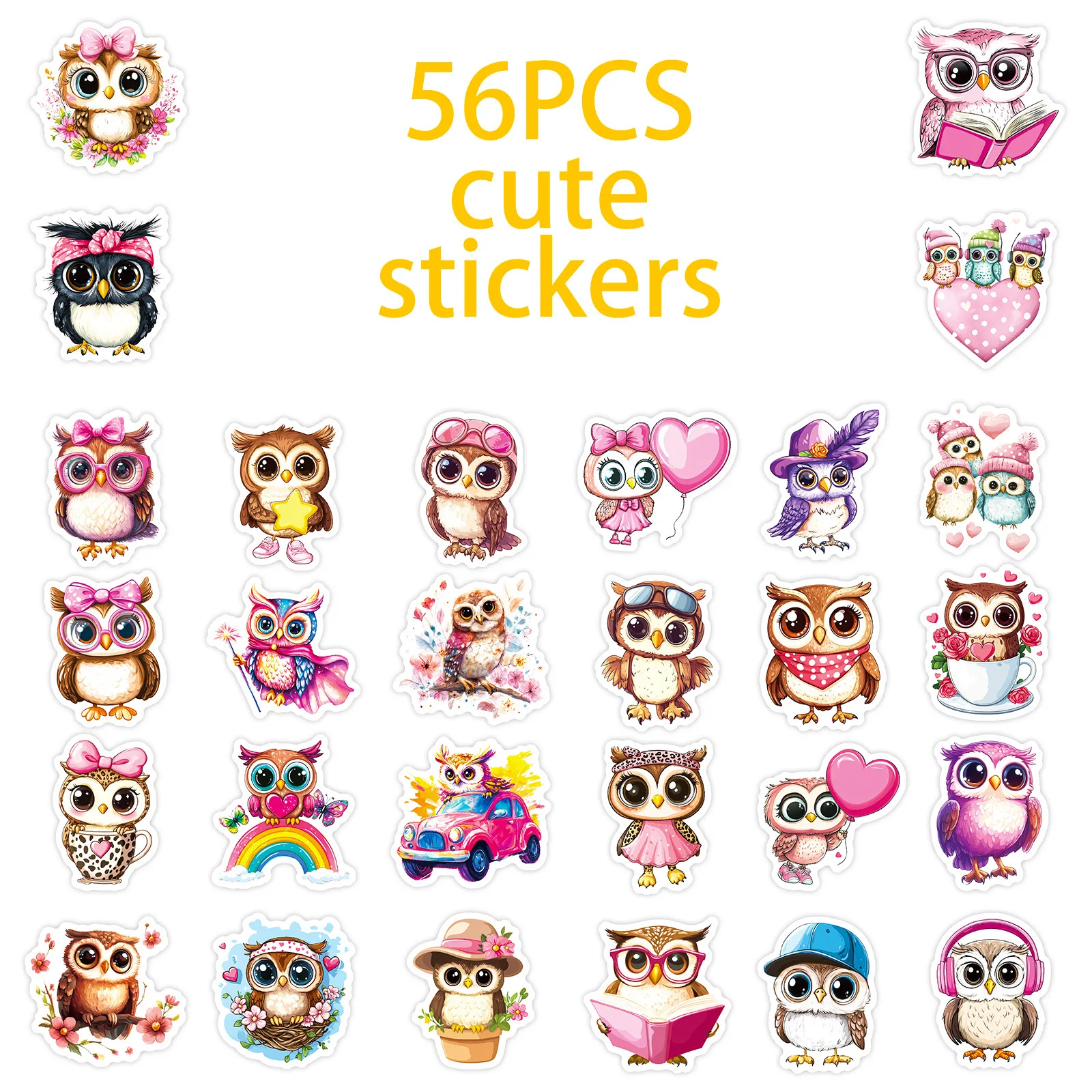 Pink Big Eye Owl Cute Doodle Stickers Set - Pack of 56/112 for DIY Crafting and Decoration
