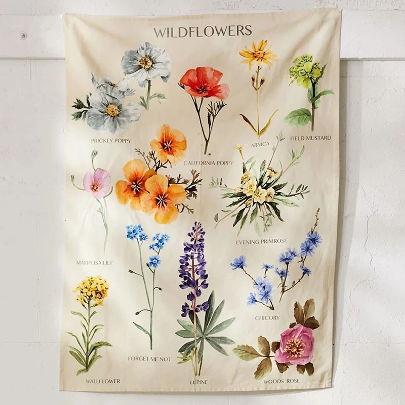 Botanical Wildflower Tapestry Wall Hanging Flower Reference Chart Hippie Bohemian Tapestries Colorful Psychedelic INS Home Decor tapestry decorations