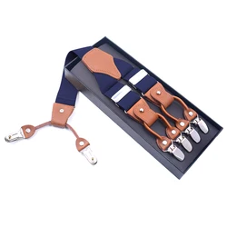 Vintage Genuine Leather Suspenders for Men Heavy Duty 3.5cm Wide Y-Back 6 Clips Adjustable Elastic Trouser Brace Black Navy Blue