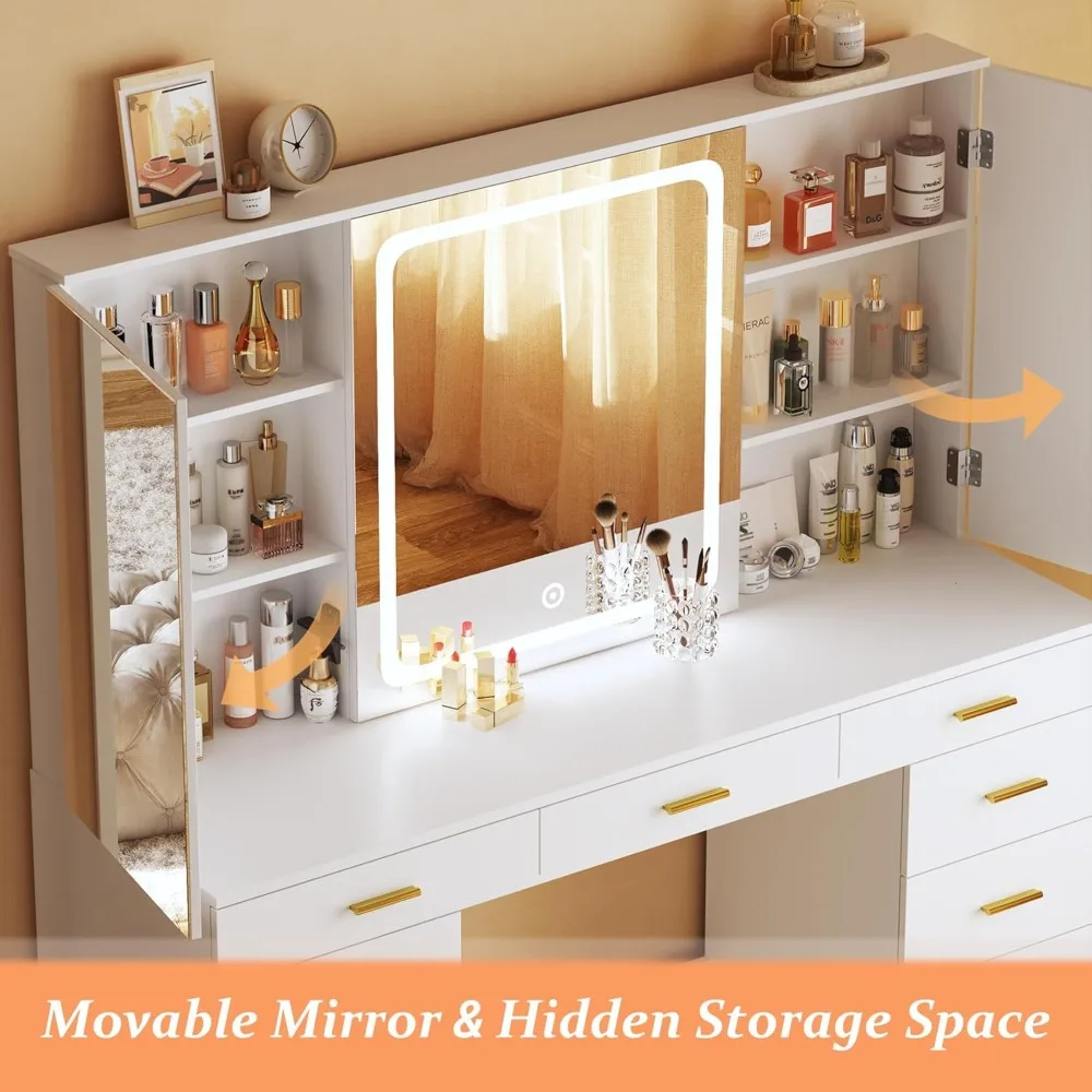 Vanity Desk with Mirror and Lights,47.2",Vanity with 11Storage Drawers and Hidden Storage Shelves,with Charging Stations & 3 LED 2