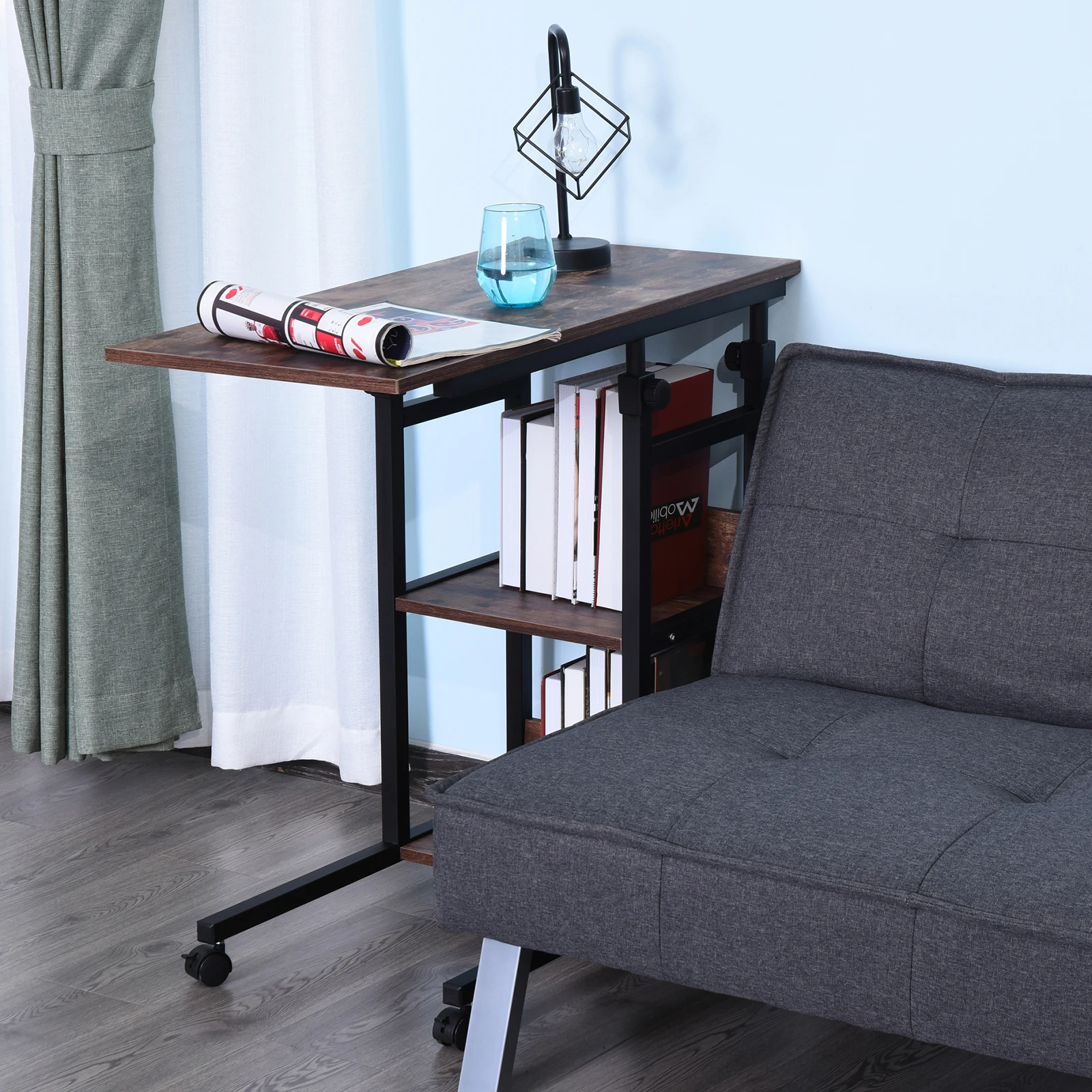 C-Shaped Mobile Sofa Bed Side Table Adjust Height 3-Tier Cart W/ Casters, Brake 6