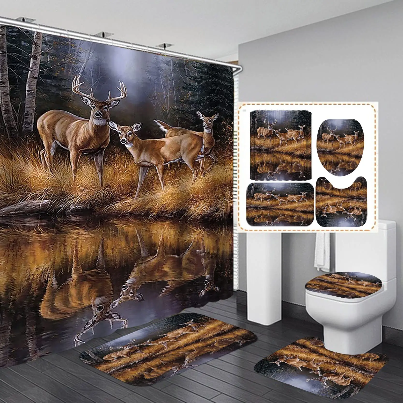 Rustic Forest Shower Curtain – Bear Moose Deer Lodge Cabin Bathroom Decor, 70x84 Inches With Hooks