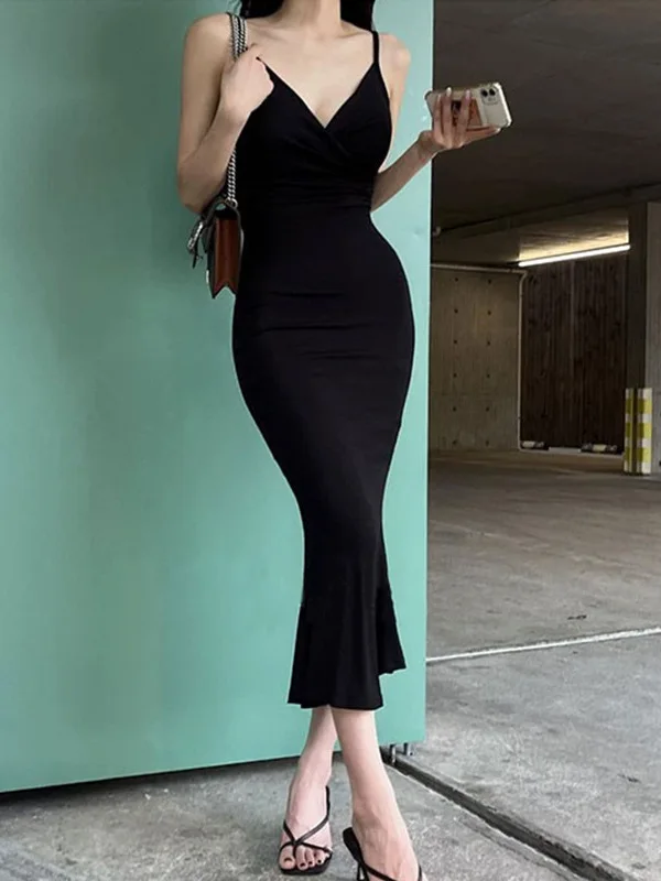 

Slim TVVOVVIN Elegant Korea Sexy V-neck Slim Waist Body Black Long Strap Dress For Women Dresses Fashion Sweet W7UB