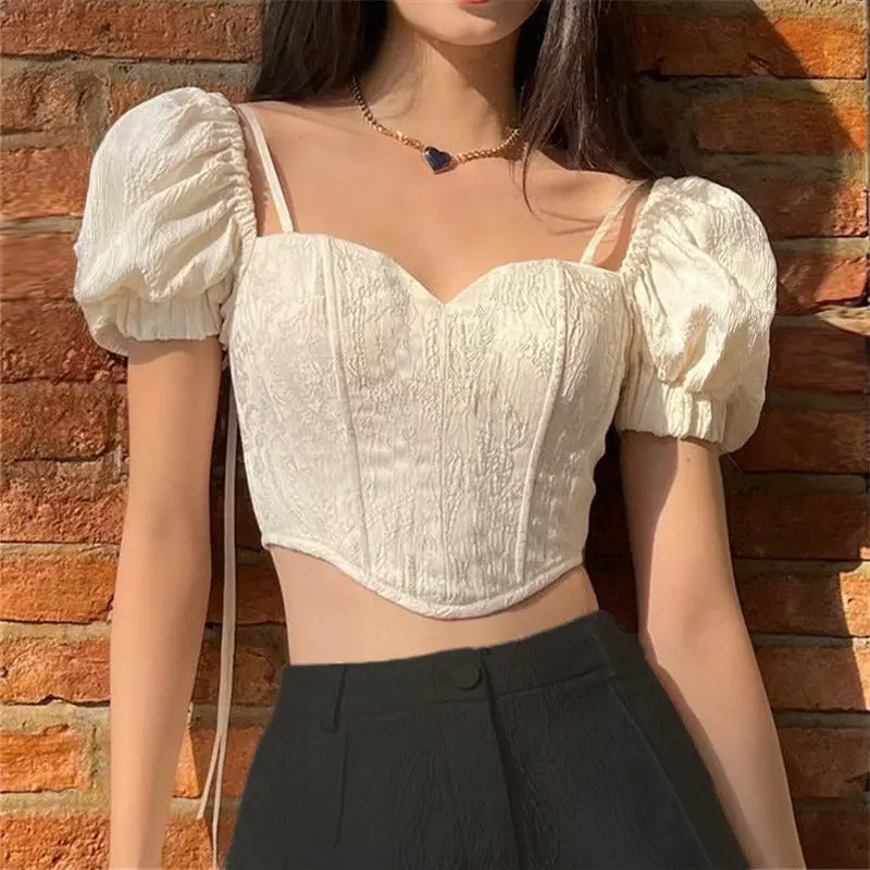 

2024 Fashion Women's Short sleeved Palace Style Pure Desire Gentle Temperament Waist Closing Short Fit Spicy Girl T-shirt