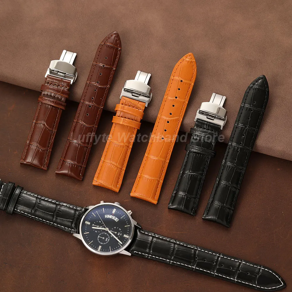 Men's Embossed Leather Watch Band with Butterfly Clasp - Fashionable and Comfortable Replacement Strap