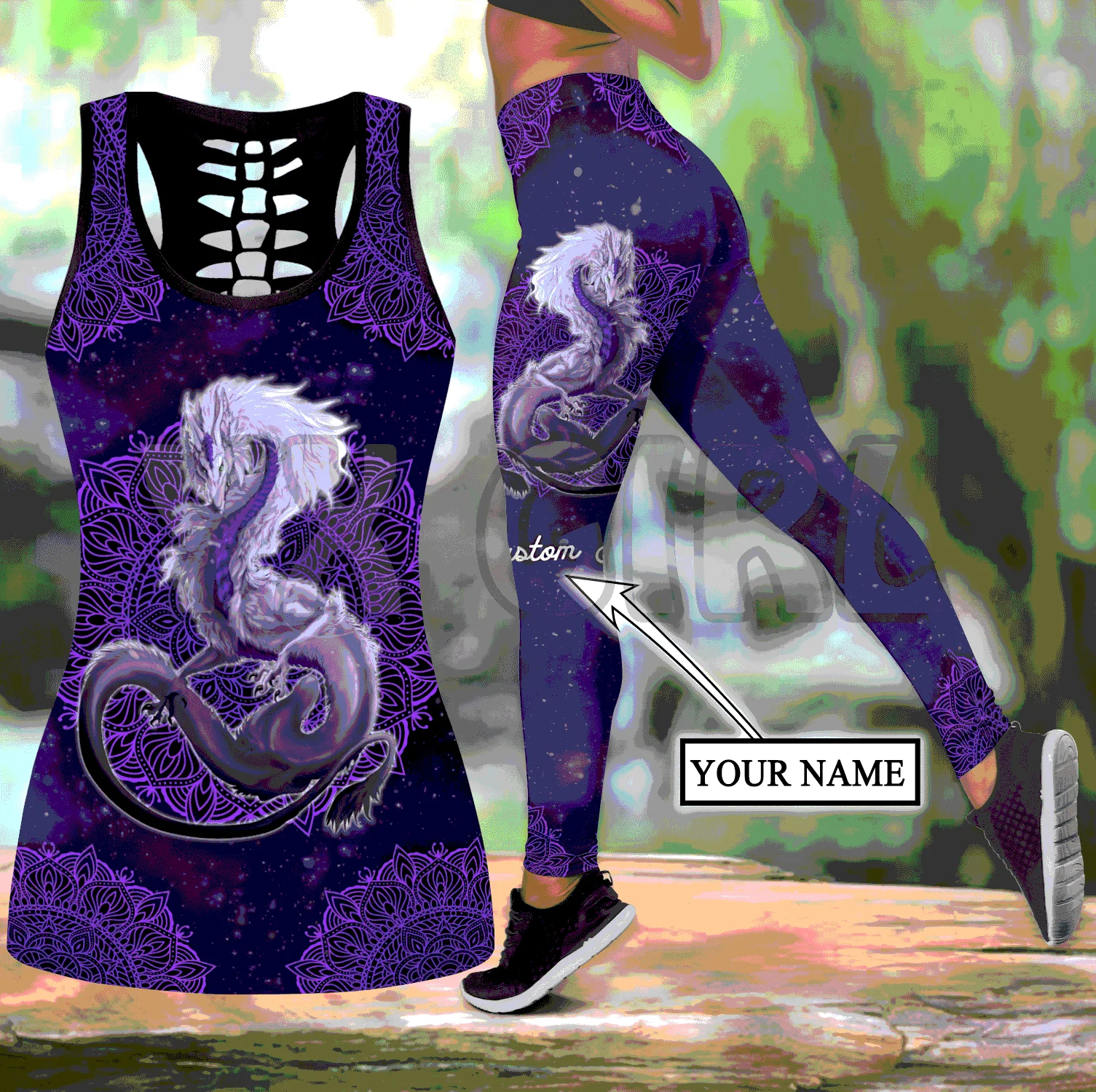 Dragon Purple Legging + Hollow Tank Combo Custom Name 3D Printed Tank Top+Legging Combo Outfit Yoga Fitness Legging Women