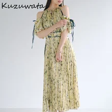 Kuzuwata Japanese New Style Two Wear Women Vestidos 2022 Spring Robes Off Shoulder Drawstring Slim Waist Print Pleated Dress