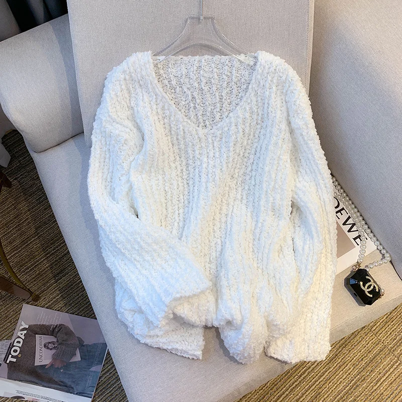 

Свитер оверсайз с V-образным вырезом, мягкий шерстяной джемпер средней длины, вязаный крючком пуловер свободного кроя, осень 2022
