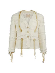 Luxury Designer Women's Short Tweed Coat 2023 New Autumn Fashion Beading Chain V-Neck Long Sleeve Jacket Femme Outwear