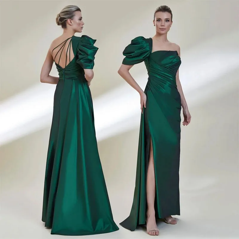 

Elegant Long Green Prom Dresses With Slit One-Shoulder Pleated Ankle-Length Party Dress Formal Evening Dresses for Women