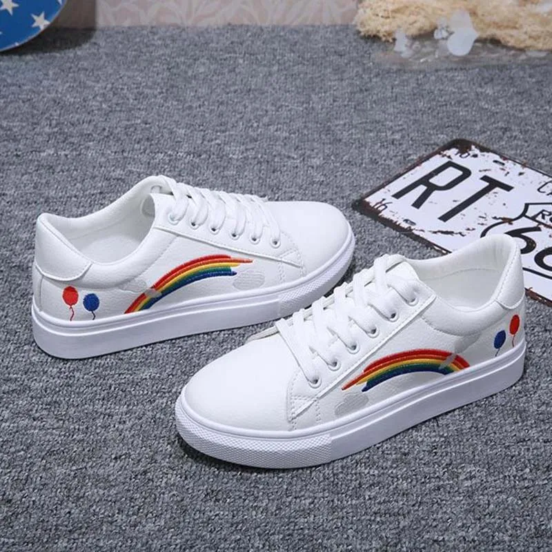 Women's Vulcanized Shoes Rainbow Embroidered White Shoes Women's Sports Shoes Lace-up Ladies Slippers Women's Flat Casual Shoes