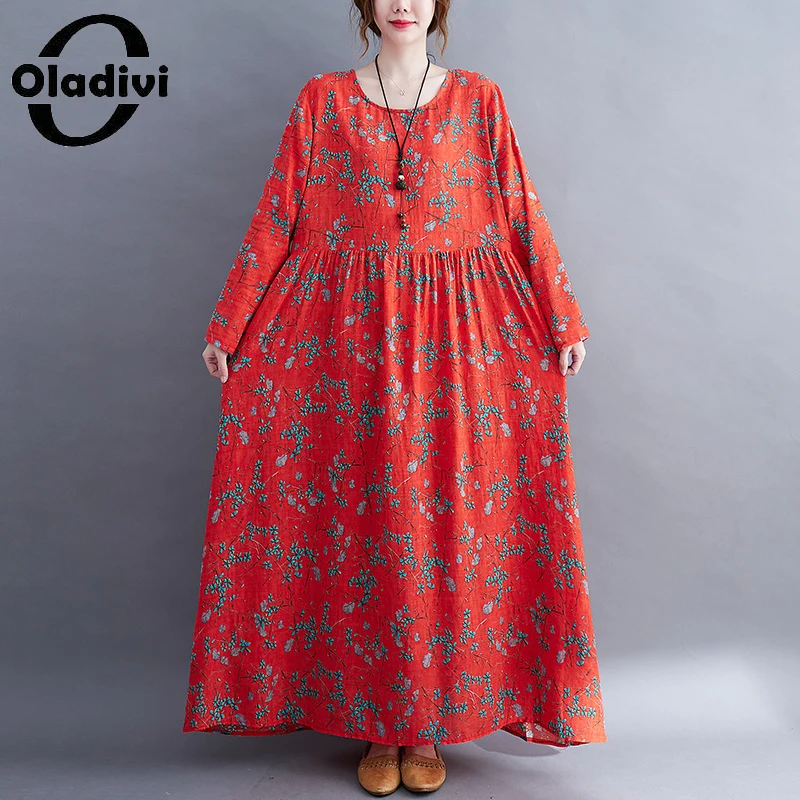 

Oladivi Spring Autumn New Long Sleeve Dress Women Oversized Fashion Print Casual Loose Lady Maxi Long Dresses Robe Vestidio 9030