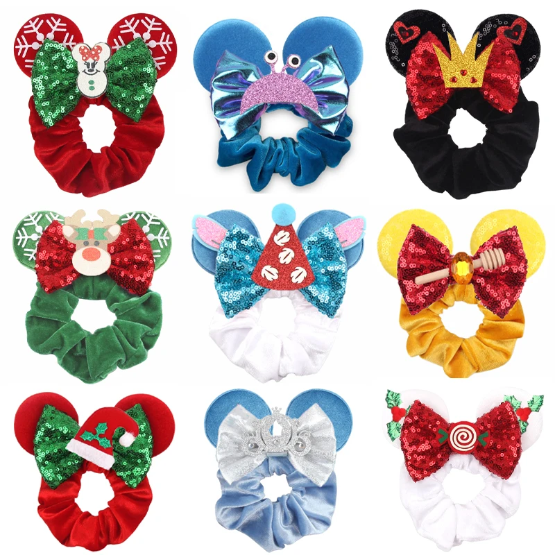 

2024 New Mouse Ears Velvet Hair Scrunchies For Girls Women Sequins 4"Bow Elastic Hairband DIY Hair Accessories Boutique Gift