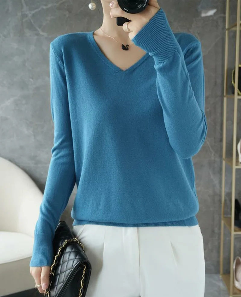 S9a20fc581b674556a0bceacd3c0014745 Women Sweater V-neck Spring Autumn Knitwear Long Sleeve Slim Warm Sweater Pullovers Lady Basic Jumpers Knitted Bottoming Shirt Mallzona